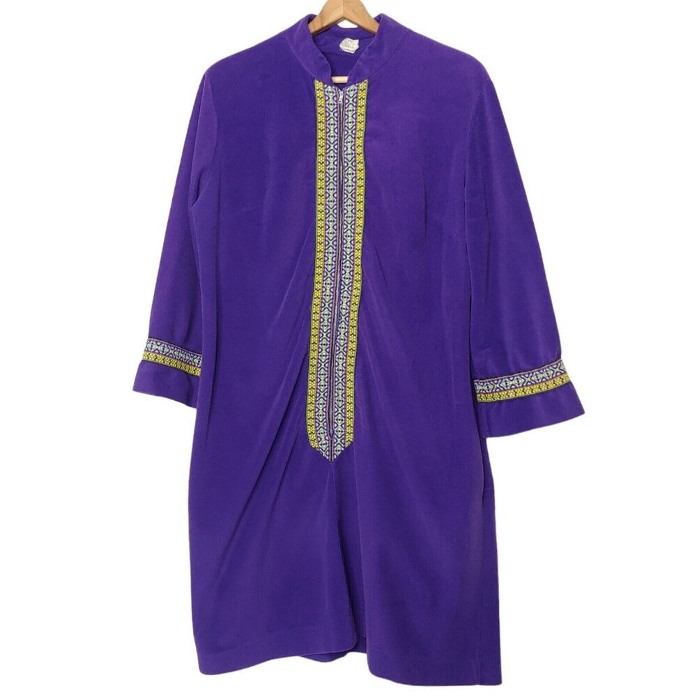 Vintage At Home Wear Womens Large Robe Night Gown Purple Yellow Woven Trim Zip